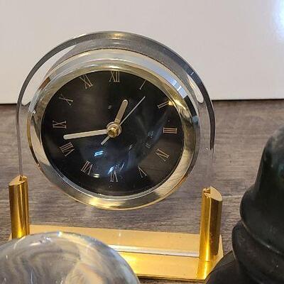 UM28: rass Duck Doorstop, Clock, Glass Whale Paperweight