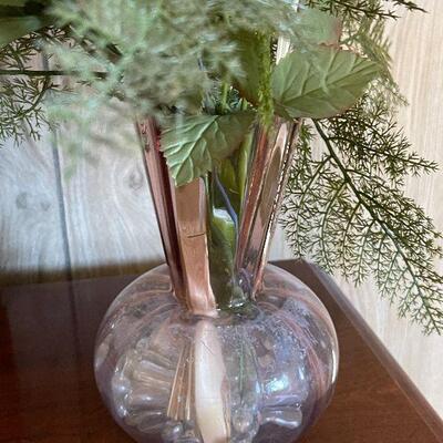 M139: Faux Flowers in a Pink Depression Glass Vase