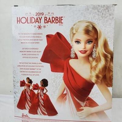 Barbie 2019 Holiday Doll, Blonde Curls with Red & White Gown, Box Damage - New