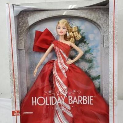 Barbie 2019 Holiday Doll, Blonde Curls with Red & White Gown, Box Damage - New