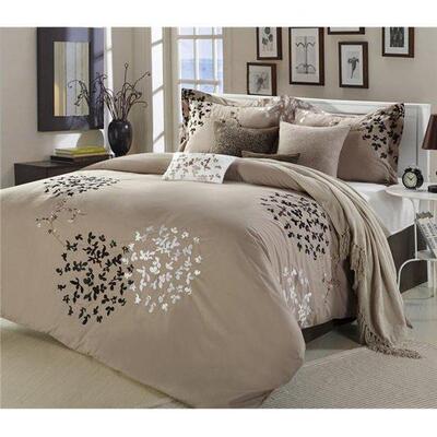 Queen Chic Home Cheila Embroidered Comforter Set, Brown, 8 Pieces - New