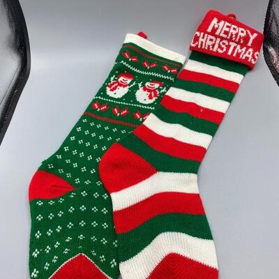 Pair of Long Red, Green, and White Knit Stockings