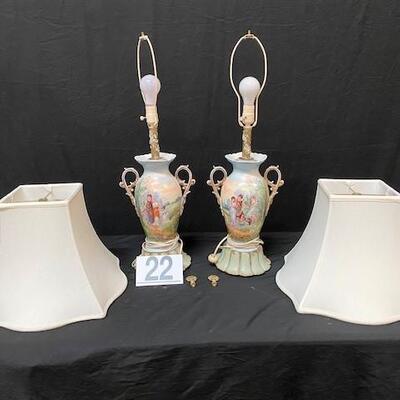 LOT#22: Painted Porcelain Vase Lamps on Wood Base