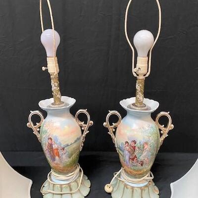 LOT#22: Painted Porcelain Vase Lamps on Wood Base