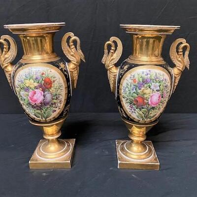 LOT#23: Pair of Porcelain Urns on Alabaster Bases