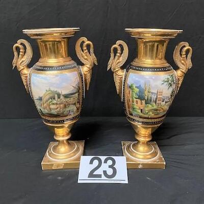 LOT#23: Pair of Porcelain Urns on Alabaster Bases