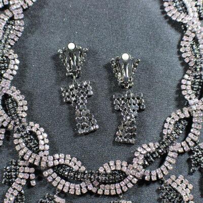 LOT#86: Matching Costume Pink & Black Rhinestone Necklace & Earrings