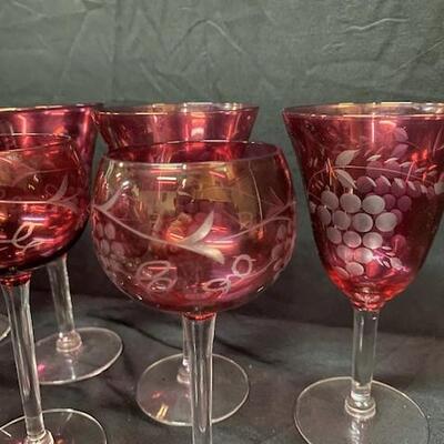 LOT#90: Etched Cranberry Goblets & Wine Glasses