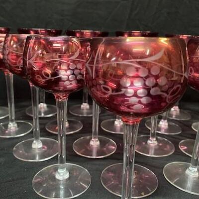LOT#90: Etched Cranberry Goblets & Wine Glasses