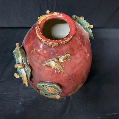 LOT#103: Drip Glaze Style Vase with Dragonflies