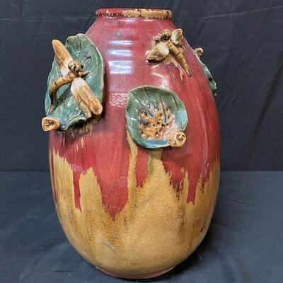 LOT#103: Drip Glaze Style Vase with Dragonflies