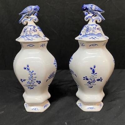 LOT#113: Hand-painted French Delft Covered Urns