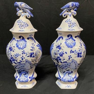 LOT#113: Hand-painted French Delft Covered Urns