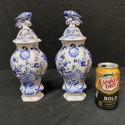 LOT#113: Hand-painted French Delft Covered Urns