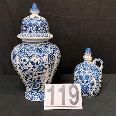 LOT#119: Covered Delft Urn& Oil Jar