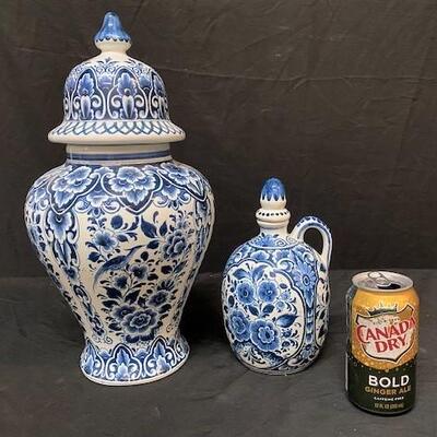 LOT#119: Covered Delft Urn& Oil Jar