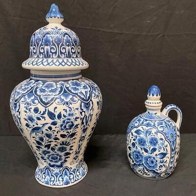 LOT#119: Covered Delft Urn& Oil Jar