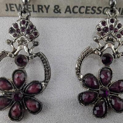 Silvertone Purple Flower Earrings