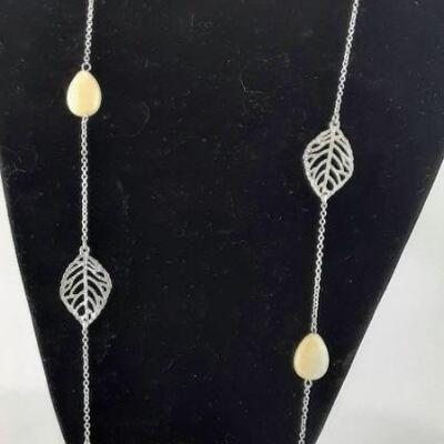 Silvertone Leaves Necklace and Yellow Gemstones