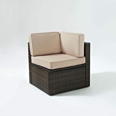 Outdoor Wicker Corner Chair & Table, Cream Cushions, Dark Brown Base - New