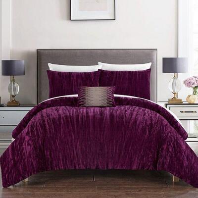King, Plum 4 Piece Comforter Set Crinkle Crushed Velvet Bedding, Open Pkg - New