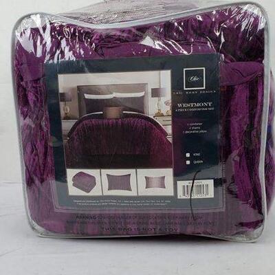 King, Plum 4 Piece Comforter Set Crinkle Crushed Velvet Bedding, Open Pkg - New