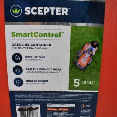Qty 2 Scepter 5 Gallon SmartControl Gas Cans, FR1G501, Red. Near New. Scratched