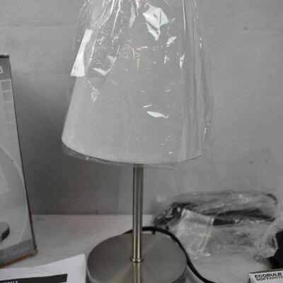 Simple Designs Sand Nickel Mini Basic Table Lamp with White Fabric Shade & Bulb