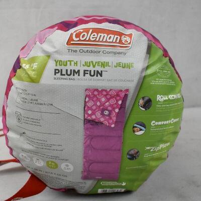 Coleman Kids Plum Fun 45 Degree Sleeping Bag. Zipper is detached 12