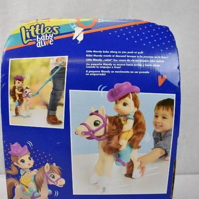 Littles by Baby Alive, Mandy Doll & Pony w/ Push-Stick, Accessories, Brown Hair.