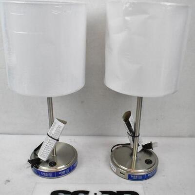 Qty 2 Mainstays Silver Grab & Go Stick Lamps with USB Ports. Dented Shades, Work
