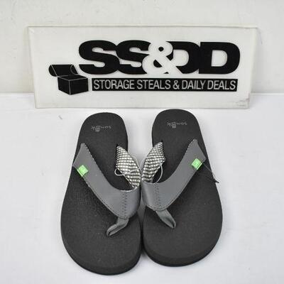 Sanuk Womens Flip Flop Sandal Shoes, Black/Gray w/ Green. Size 6 - New
