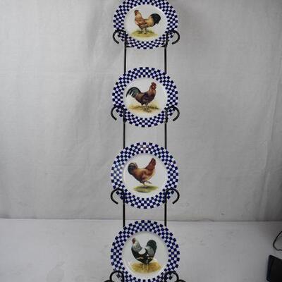 4 Rooster Plates by Williams Sonoma, with Black Metal Wall Hanging Plate Rack