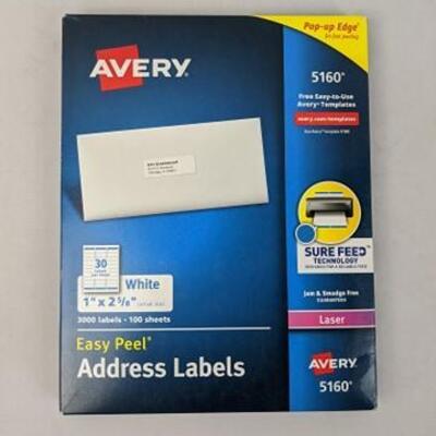 Avery Easy Peel Laser Address Labels, White, 3000 Labels/100 Sheets (5160) - New