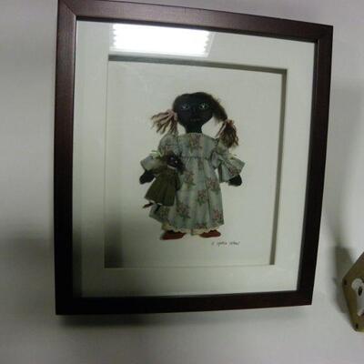 Black Art by C Spence Sellnes..Carol Spence Selner hand made and framed black doll with miniature doll. Signed in pencil lower right....
