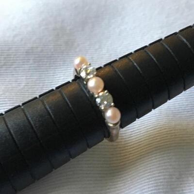 Vintage Sterling Band with Pearl and Diamond Style Design. Size 7