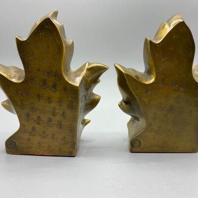 Vintage Brass Maple Leaf Bookends by Philadelphia Manufacturing Co YD#011-1120-00199
