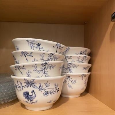 Blue and white rooster bowls