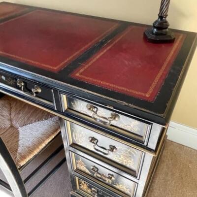 Chinoiserie antique leather top desk with chair
