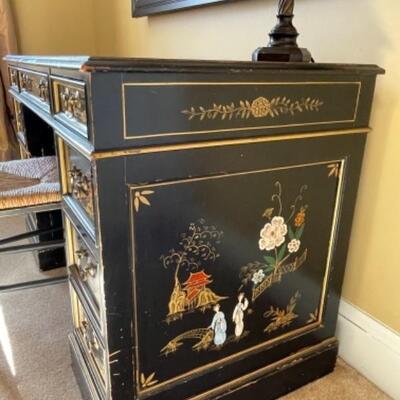 Chinoiserie antique leather top desk with chair