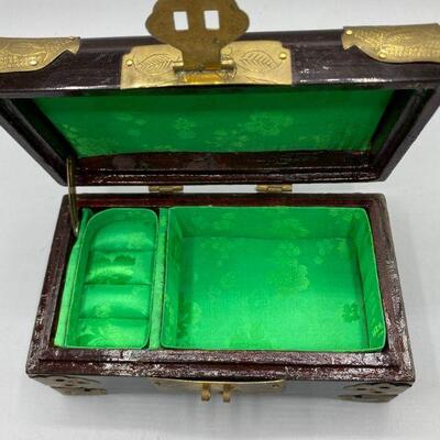 Asian Wood & Brass Small Jewelry Box with Carved Stone Inlaid Centerpiece YD#011-1120-00232