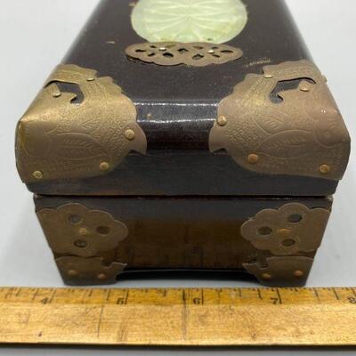 Asian Wood & Brass Small Jewelry Box with Carved Stone Inlaid Centerpiece YD#011-1120-00232