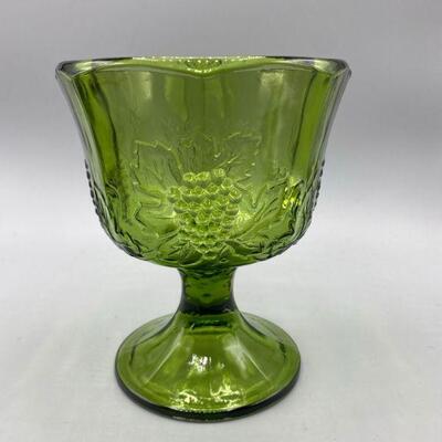 Vintage Green Glass Grapevine Patterned Compote Dish YD#011-1120-00233