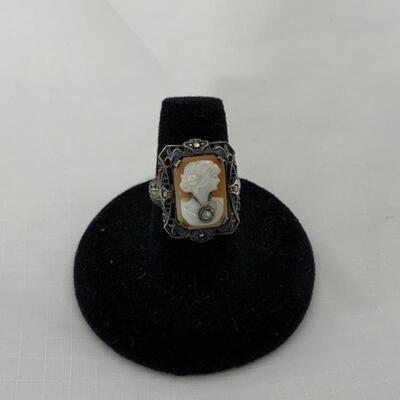.57. Sterling | Enhable Style Cameo Ring | Marcasite | Edwardian