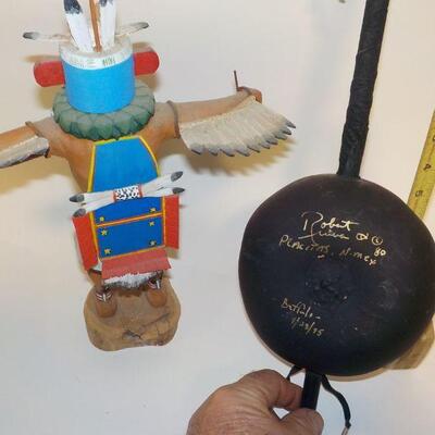 Native american doll and Robert Rivera signed buffalo gourd rattle. KWA kachina doll.