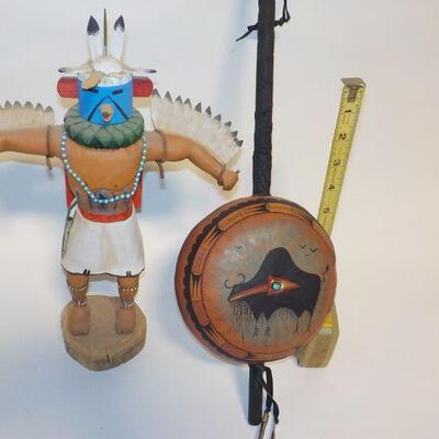 Native american doll and Robert Rivera signed buffalo gourd rattle. KWA kachina doll.
