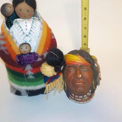 Real Native American mother and child doll and sculptured Chief Face.