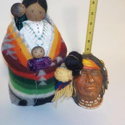 Real Native American mother and child doll and sculptured Chief Face.