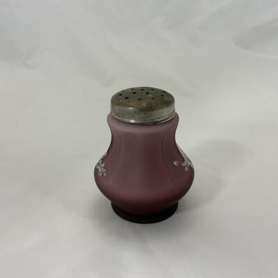 .96. Antique | Cased Satin Glass Amethyst Sugar Shaker | Hand Painted