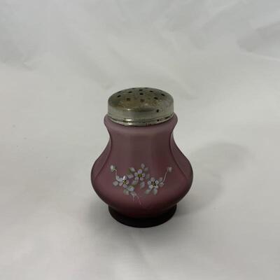 .96. Antique | Cased Satin Glass Amethyst Sugar Shaker | Hand Painted